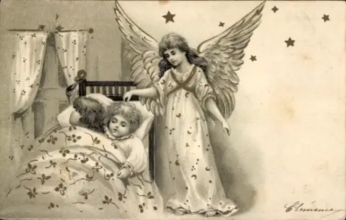 Präge Ak Schutzengel, Schlafendes Kind