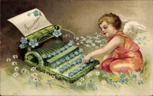 Präge Ak Engel, Schreibmaschine, Vergissmeinnicht