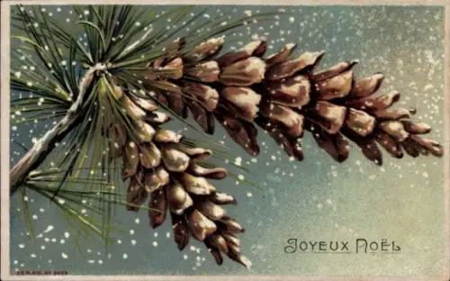 Präge Litho Glückwunsch Weihnachten, Kiefernzapfen, Schneefall