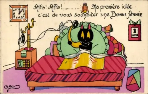 Künstler Ak Katze beim Telefonieren, Telefon, Bett