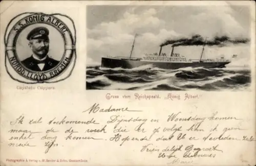 Ak Reichspostdampfer König Albert, Norddeutscher Lloyd Bremen NDL, Kapitän Cüppers