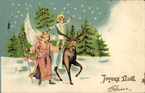 Präge Ak Glückwunsch Weihnachten, Engel, Hirsch, Tannenbäume
