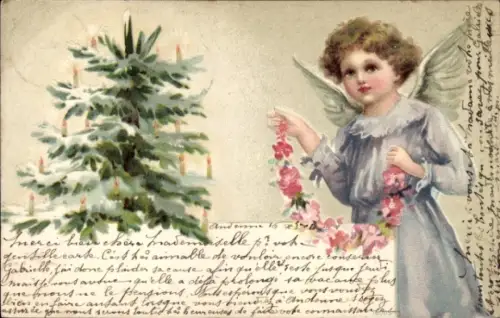 Litho Frohe Weihnachten, Tannenbaum, Engel