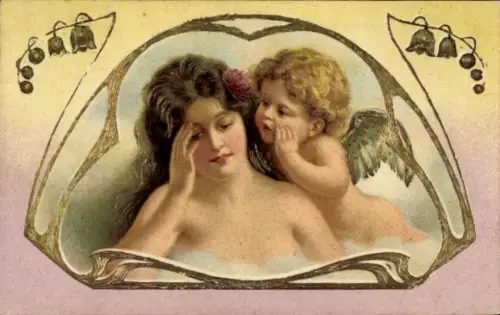 Präge Ak Engel flüstert einer Frau ins Ohr