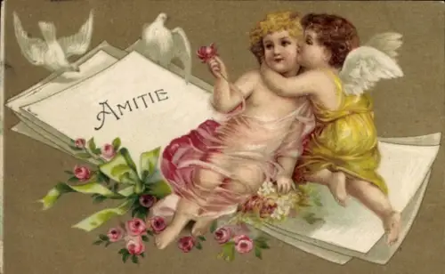 Präge Ak Zwei Engel, Tauben, Rosen