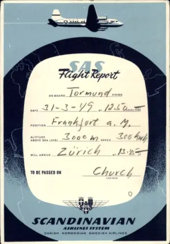 Ak Passagierflugzeug SAS Scandinavian, Flugbericht Tormund Viking, Frankfurt Main, Zürich, 1949