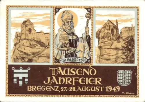 Künstler Ak Bregenz in Vorarlberg, Tausendjahrfeier August 1949, Wappen, St. Gebhard