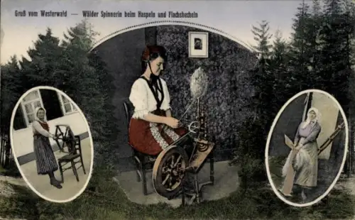 Ak Westerwald, Wälder Spinnerin beim Haspeln und Flachshecheln