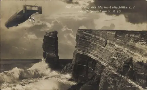 Ak Zerstörung des Marine-Luftschiffes LI vor Helgoland am 9. September 1913