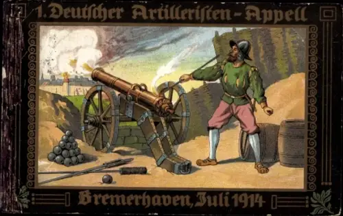 Passepartout Künstler Ak Bremerhaven, 1. Dt. Artilleristenappell 1914, Kanonier, Historisches Bild