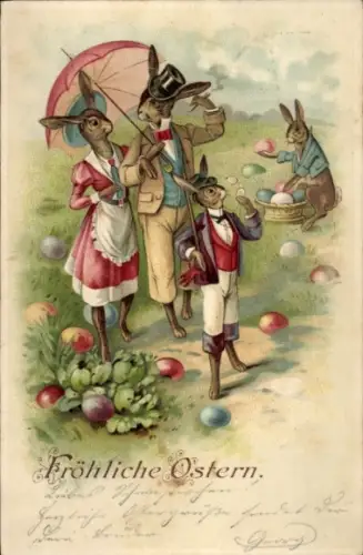 Litho Frohe Ostern, Osterhasen, Hasenfamilie beim Spaziergang, Ostereier