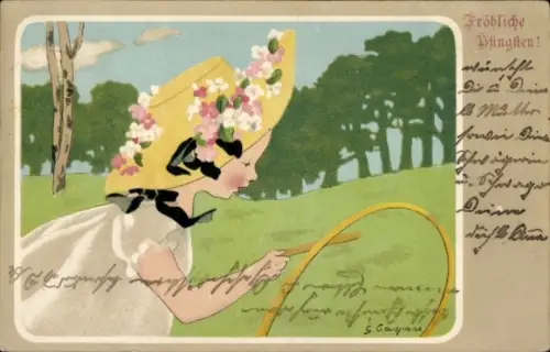 Künstler Ak Caspari, Gertrud, Frohe Pfingsten, Mädchen mit Reifen, Blumenhut