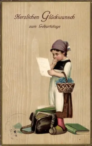 Präge Ak Glückwunsch Geburtstag, Kind, Tasche, Bücher, Brief