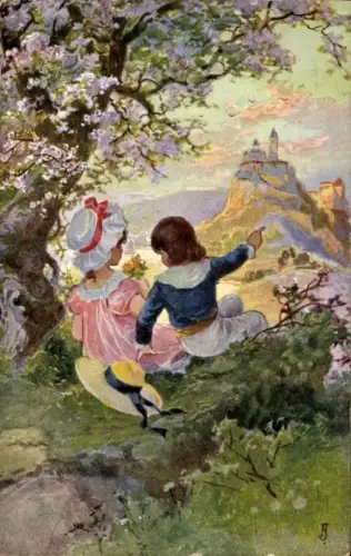 Künstler Ak Frank, J., Kinder bewundern eine Burg