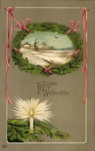 Präge Ak Glückwunsch Weihnachten, Tannenzweige, Kerze