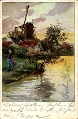 Künstler Ak Windmühle, Wohnhäuser, Junge Frau