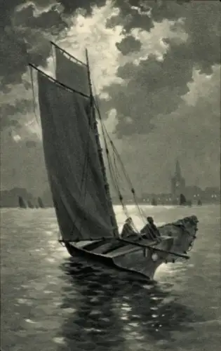 Mondschein Ak Menschen im Segelboot