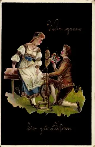 Präge Ak Liebespaar in Trachten, Spinnrad