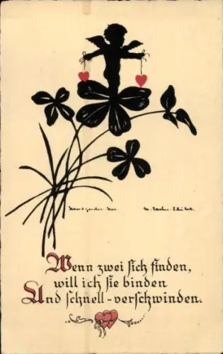 Scherenschnitt Ak Amor, Herzen, Klee