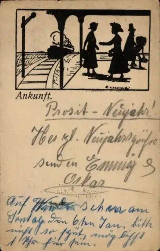 Scherenschnitt Künstler Ak Lewinski, Ankunft am Bahnhof, Dampflok, Passagiere, Bahnhofsmission