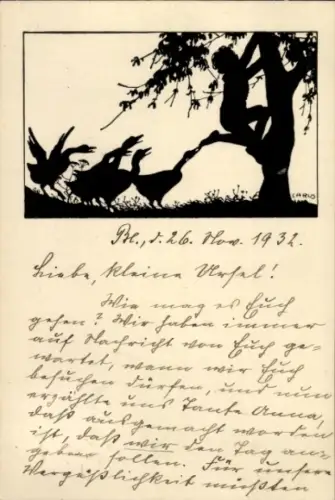 Scherenschnitt Ak Berliner Tierschutzverein, Gänse jagen ein Kind