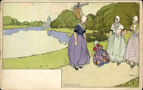 Künstler Ak Middelburg Zeeland Niederlande, Frauen und Mädchen in Tracht