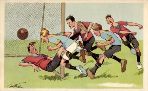 Künstler Ak Fußballspiel, Spannender Moment vor dem Tor