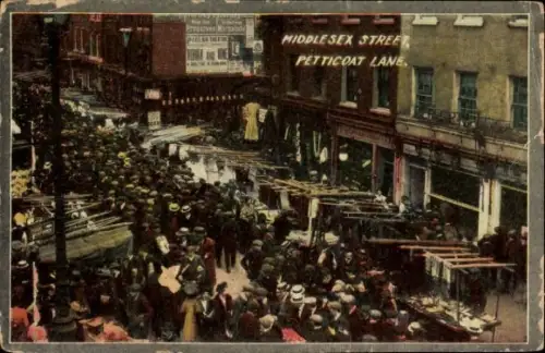 Ak Spitalfields London England, Menschenmenge, Marktstände, Middlesex Street, Petticoat Lane