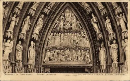 Ak Strasbourg Straßburg Elsass Bas Rhin, Reliefdarstellung, Kathedrale von  Portal, Figuren, Szen