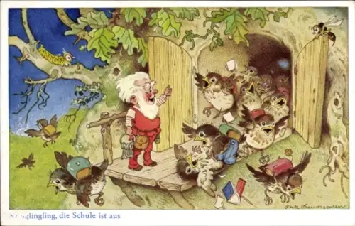 Künstler Ak Baumgarten, Fritz, Klinglingling die Schule ist aus, Zwerg als Lehrer, Vögel als Schüler