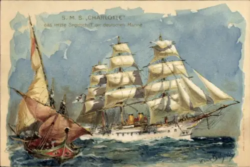 Künstler Litho Bohrdt, Hans, Kreuzerfregatte SMS Charlotte, letztes Segelschiff der deutschen Marine