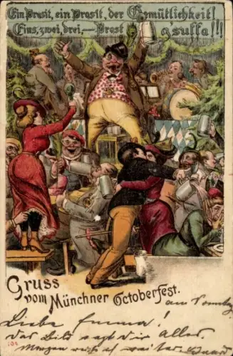 Litho Münchner Oktoberfest, Feiernde Menschen