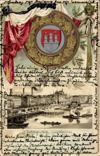 Präge Wappen Litho Hamburg, Jungfernstieg, Teilansicht der Stadt