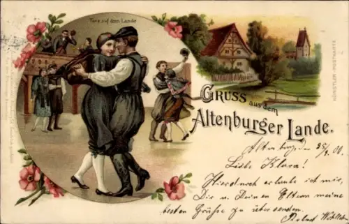 Litho Gruß aus dem Altenburger Lande, Tanz auf dem Lande, Trachten Thüringen
