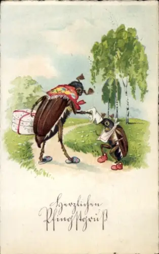 Ak Glückwunsch Pfingsten, Maikäfer, Birken