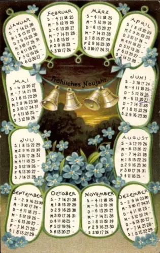 Präge Ak Glückwunsch Neujahr, Kalender, Glocken, Vergissmeinnicht
