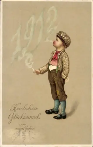 Ak Glückwunsch Neujahr 1912, Rauchender Junge