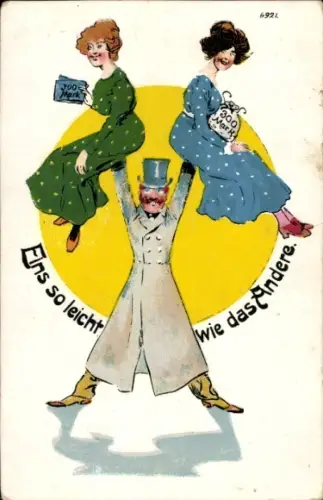 Ak Mann hält zwei Frauen, Eins so leicht wie das Andere