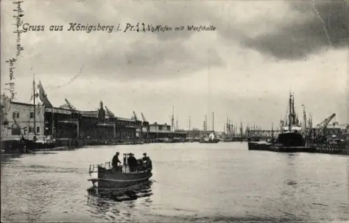 Ak Kaliningrad Königsberg Ostpreußen, Hafenansicht, Boote, Werfthalle, Königsberg