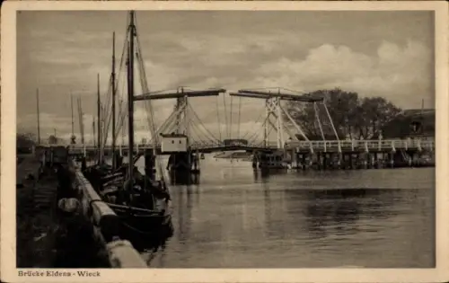 Ak Wieck Eldena Greifswald, Brücke  Wasser, Boote, Brücke