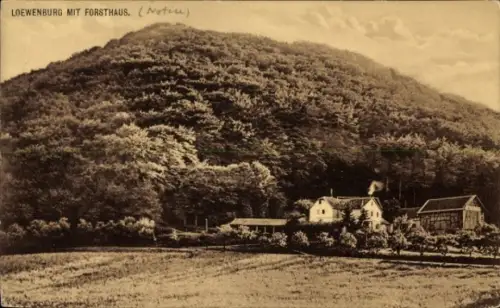 Ak Bad Wilhelmshöhe Kassel in Hessen, Löwenburg, Löwenburg mit Forsthaus, Landschaft, Gebäude, Wa