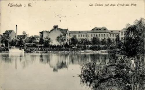 Ak Offenbach am Main Hessen,  Weiher, Friedrichs-Platz, Wasser, Bäume, Gebäude