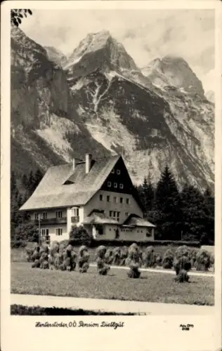 Ak Hinterstoder in Oberösterreich,  Pension Diellgut, Berge im Hintergrund, Schwarz-Weiß-Fotograf