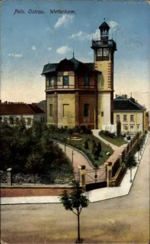 Ak Slezská Ostrava Polnisch Ostrau Reg Mährisch Schlesien, Wetterturm, Poln.  Gebäude, Garten, St