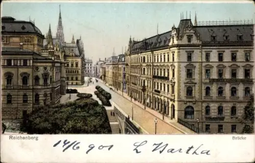 Ak Liberec Reichenberg Stadt, Hohenhabsburg,  Brücke, Straßenansicht,  Gebäude