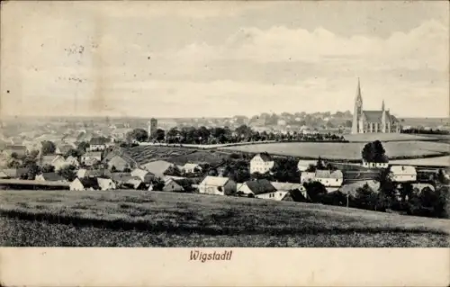 Ak Vítkov Wigstadtl Mährisch Schlesien,  Landschaft mit Häusern, Kirche, Wolken