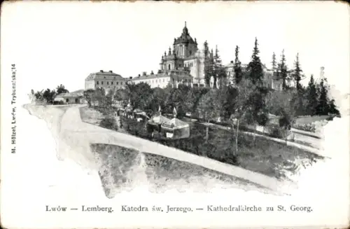 Ak Lwiw Lwów Lemberg Léopol Ukraine,  Kathedrale St. Georg, Zeichnung, Fluss, Bäume