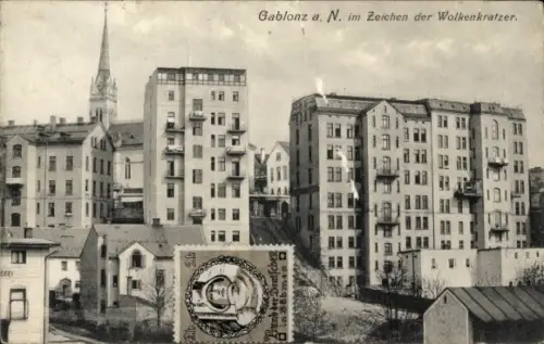 Ak Jablonec nad Nisou Gablonz an der Neiße Region Reichenberg,  Wolkenkratzer, Gebäude, Stempel