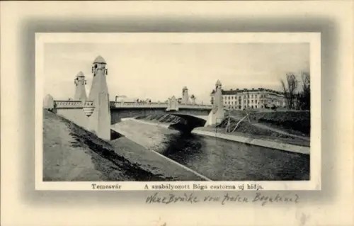 Ak Timișoara Temesvár Temeswar Rumänien, Brücke, Fluss,  ungarische Beschriftung, alte 