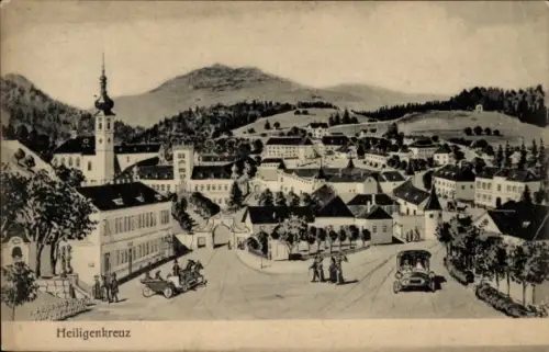 Ak Heiligenkreuz Niederösterreich,  Stadtansicht, Autos, Menschen, Berge